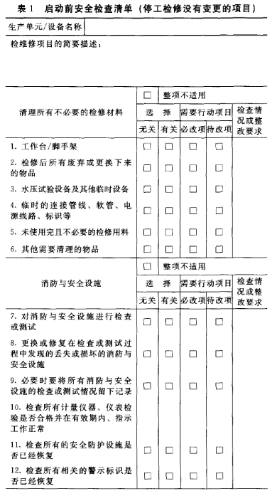 启动前安全检查清单